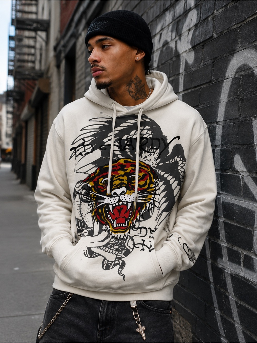 Ed Hardy Big Tiger Y2K Hoodie Men’s Sz XL Cream